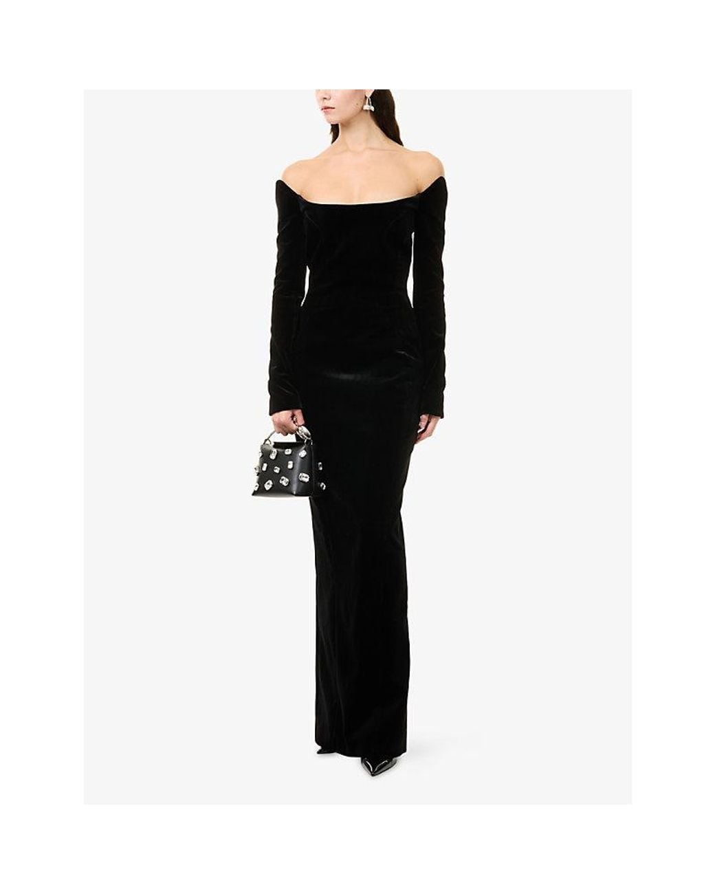 Mugler Black Off-Shoulder Fitted Velvet Gown