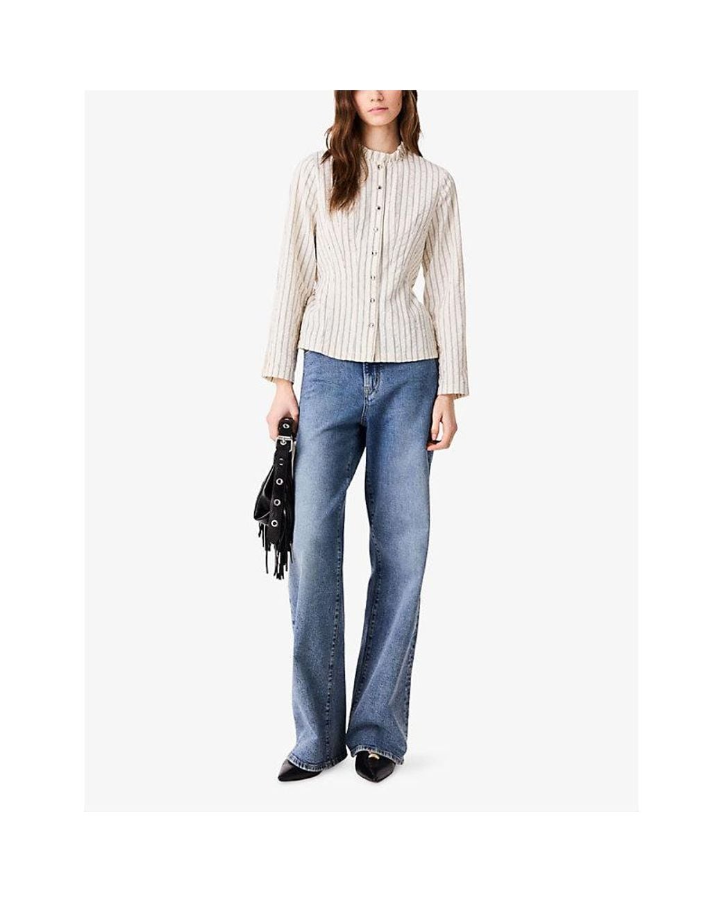 Maje White Rhinestone Ruffled-Neck Cotton-Blend Shirt