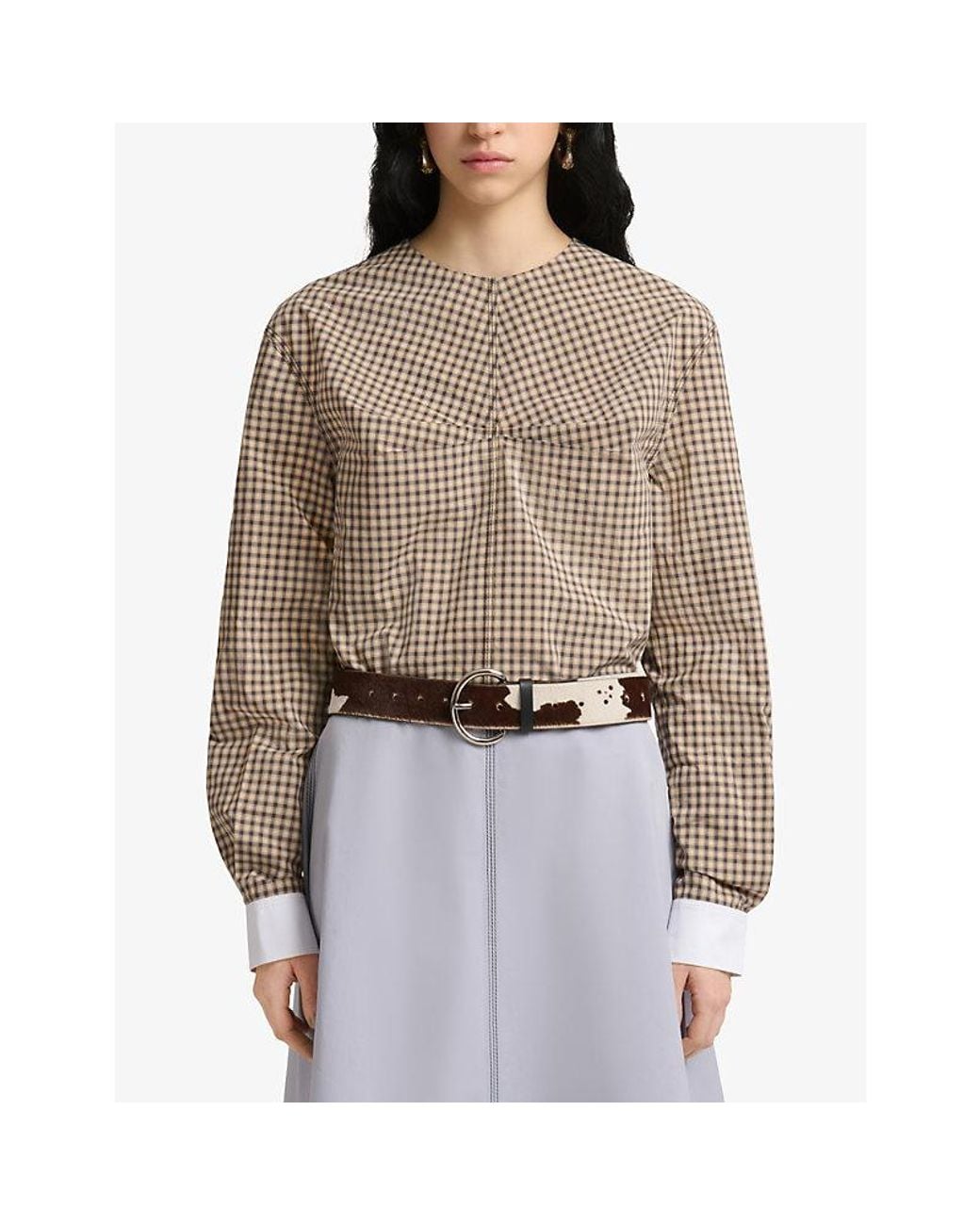 Marni Natural Checked Ruched-Front Cotton-Poplin Top