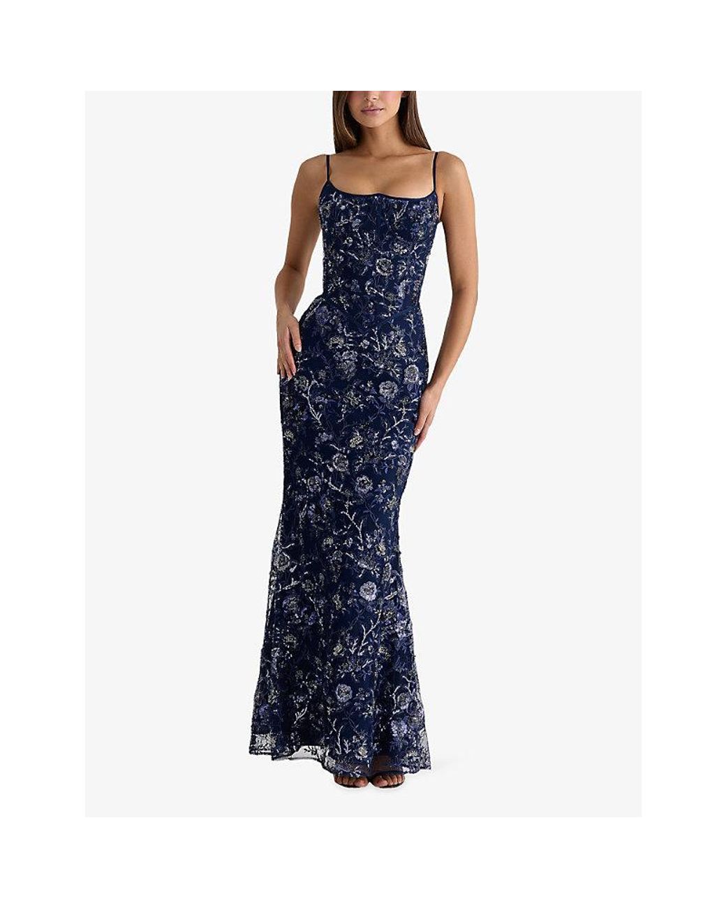 House Of Cb Blue Naima Embellished Mesh Maxi Dress Xs (A-C Cup)