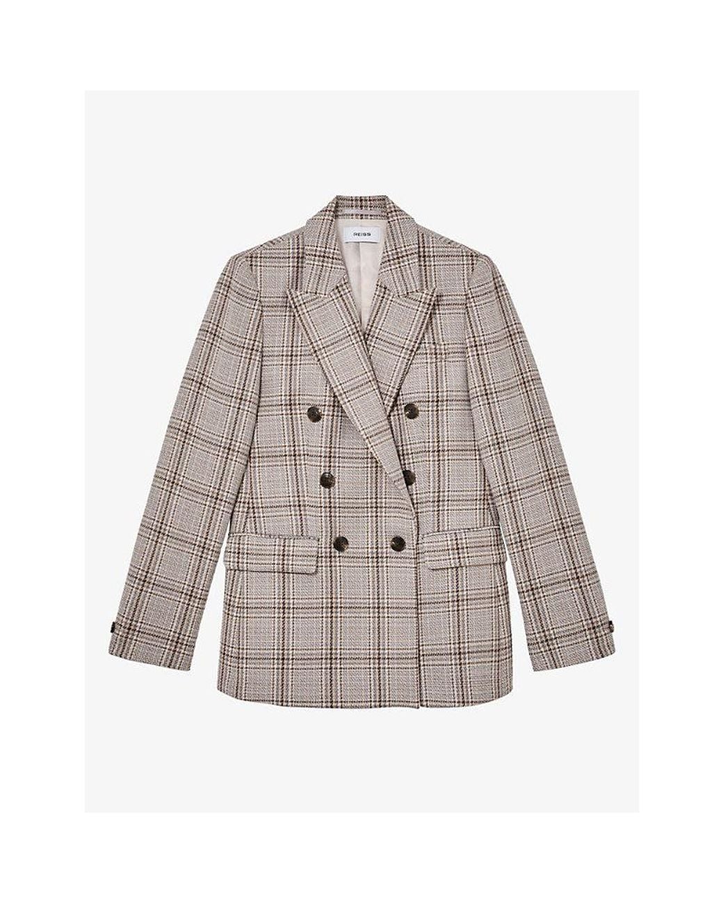 Reiss Gray Bella Checked Double-Breasted Wool-Blend Blazer