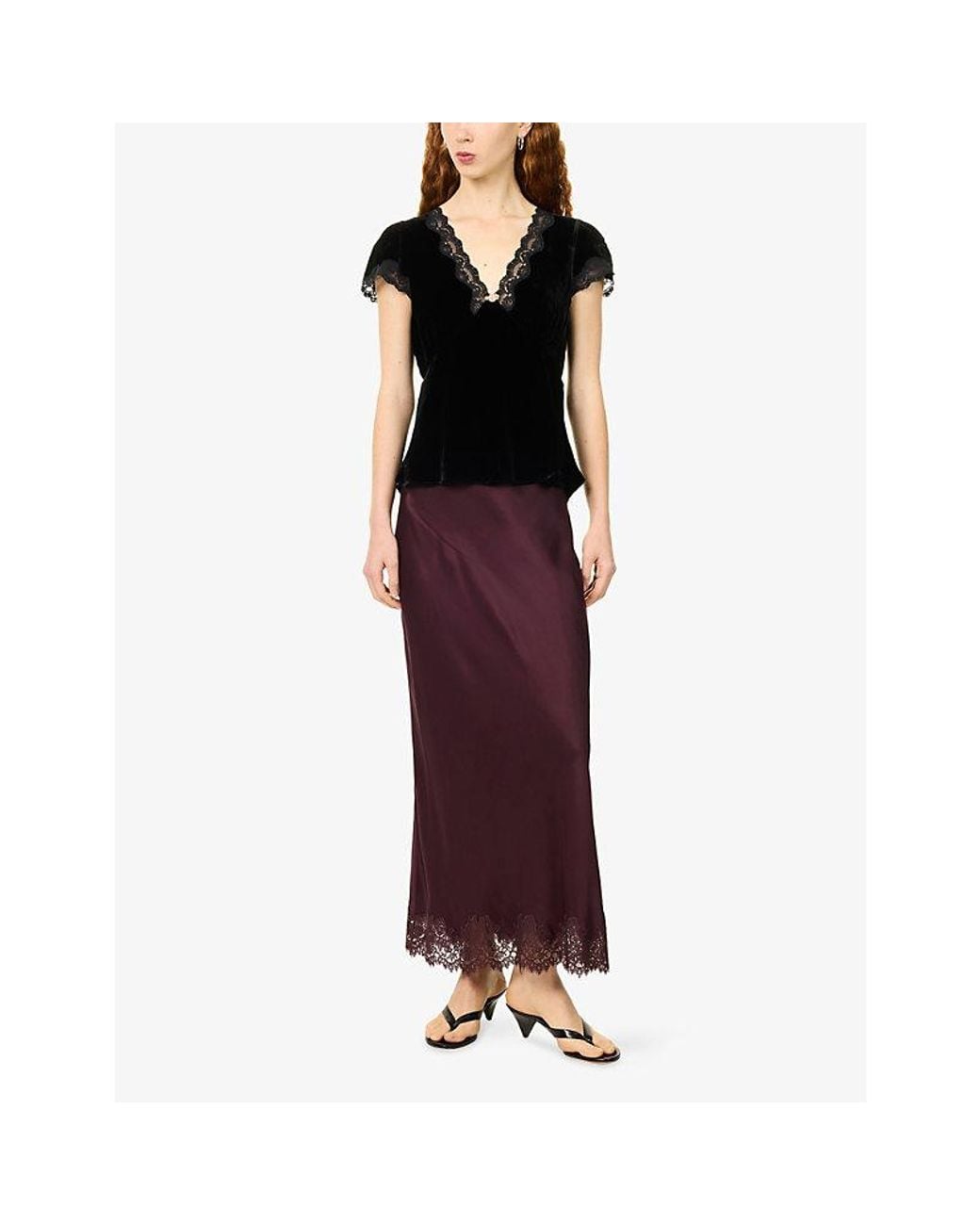 Rixo Purple Matilde Lace-Trim Satin Midi Skirt