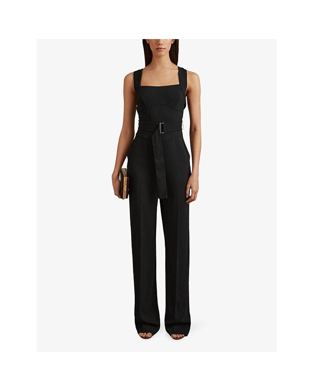 Reiss Kim Belted-Waist Corset Stretch-Woven Jumpsuit in Black Lyst