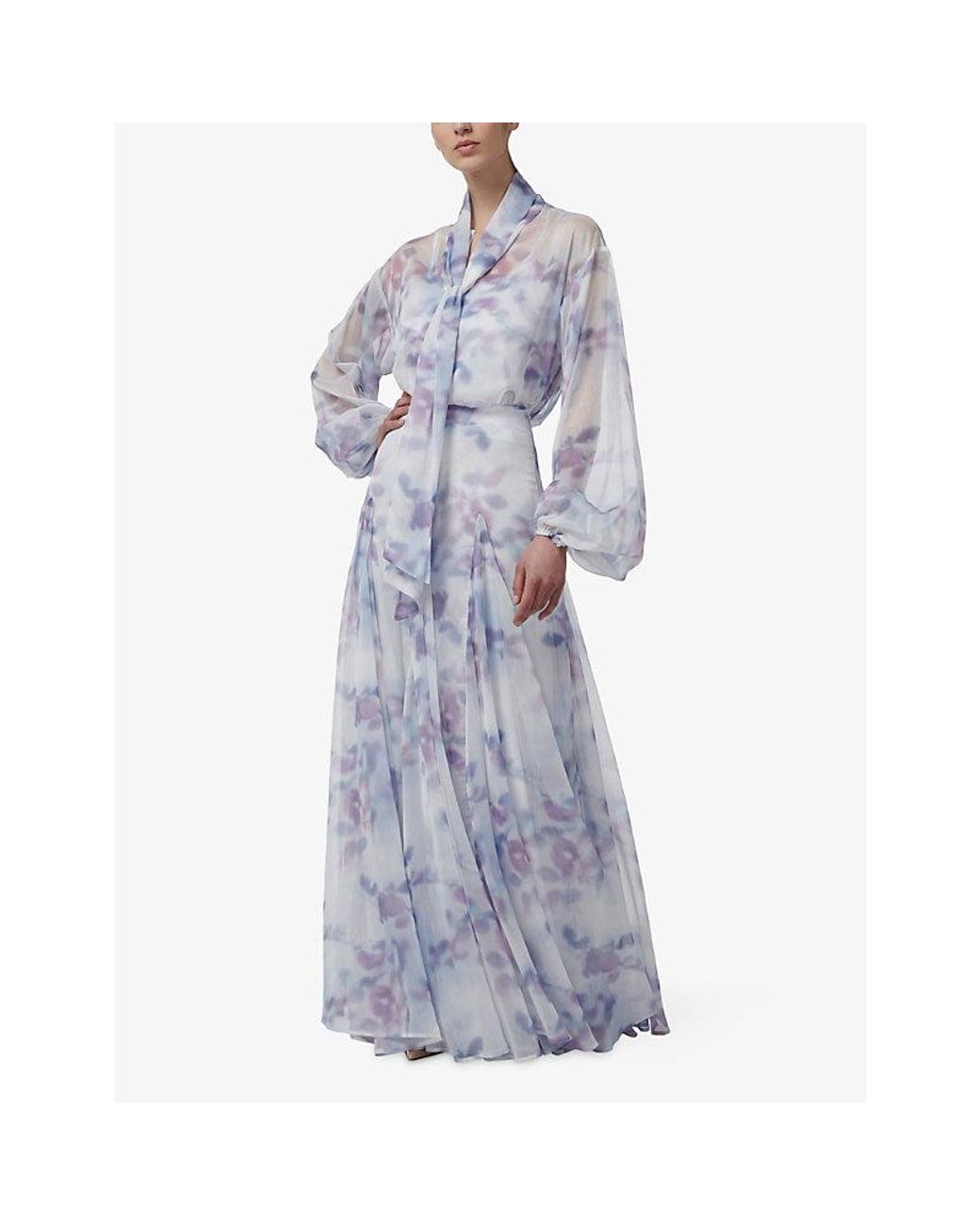 eem Blue Floral-Print Tie-Neck Chiffon Blouse