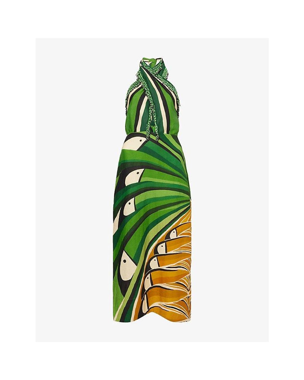 FARM Rio Halter Bead-Fringe Sleeveless Cotton-Linen Midi Dress in Green |  Lyst