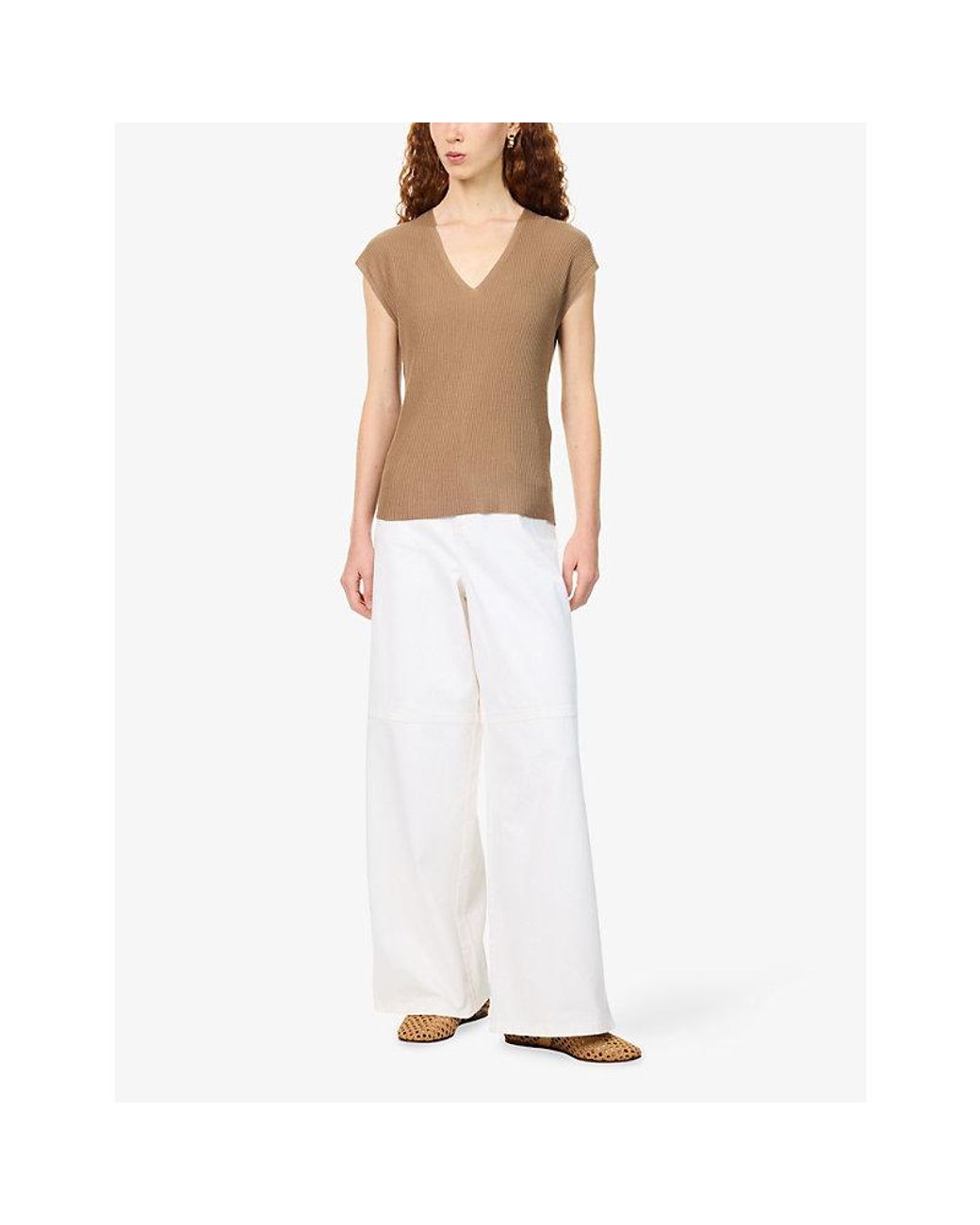 Max Mara Natural V-Neck Ribbed Virgin-Wool Vest