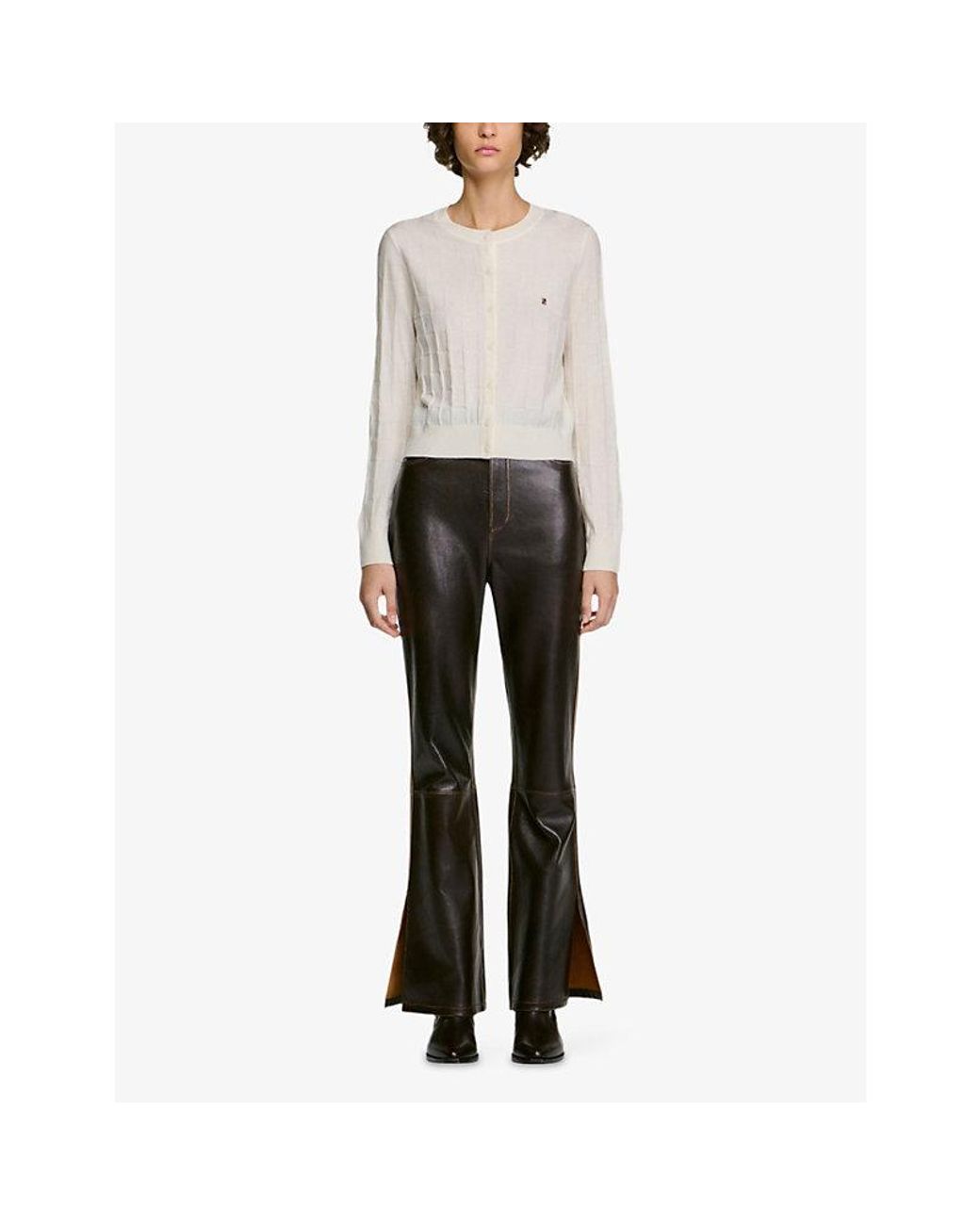 Sandro Natural Cropped Check-Stitch Wool Cardigan
