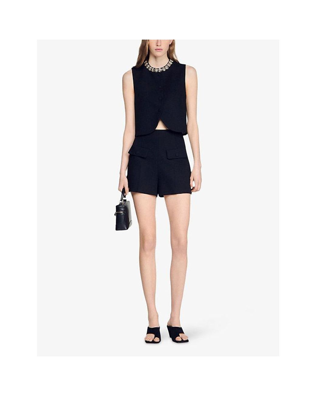 Sandro Black Patch-Pocket High-Rise Wool Shorts