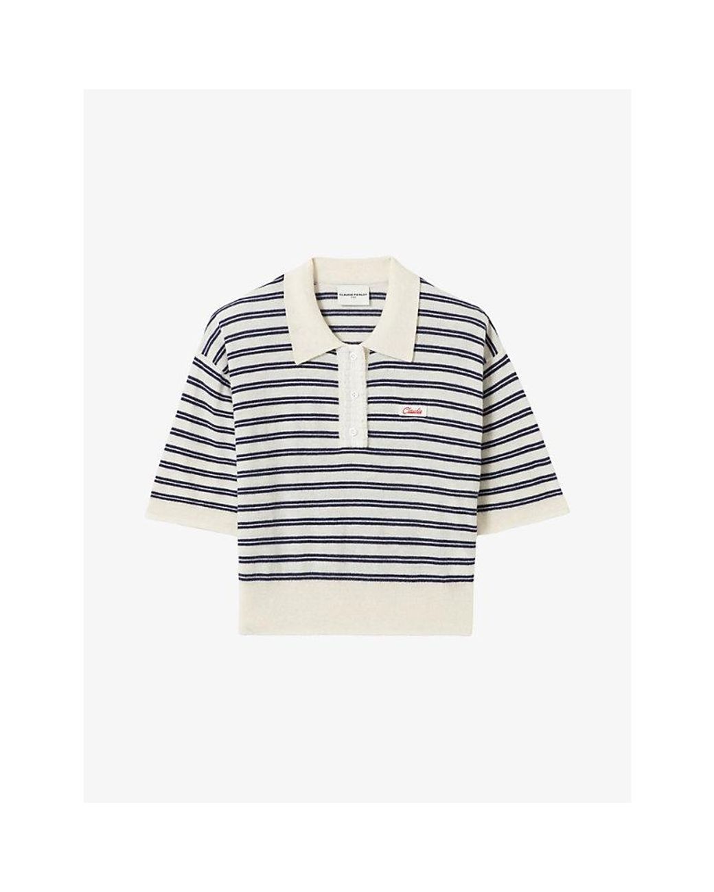 Claudie Pierlot Blue Striped Logo-Embroidered Wool Polo