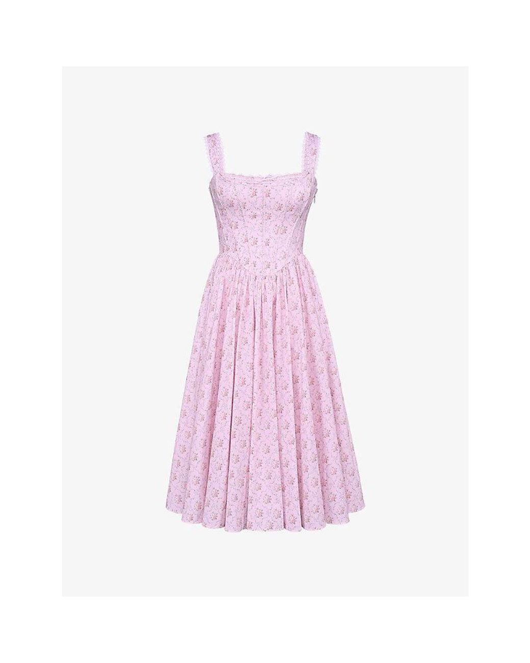 House Of Cb Pink Amara Floral-Print Lace-Embroidered Stretch-Cotton Midi Dress Xs (A-C Cup)