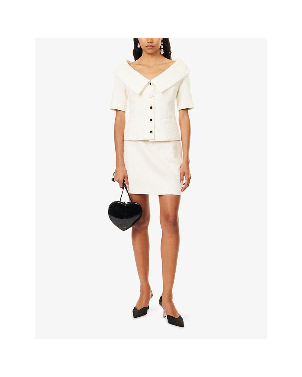 Alessandra Rich White Bouclé-Tweed Cotton Mini Skirt