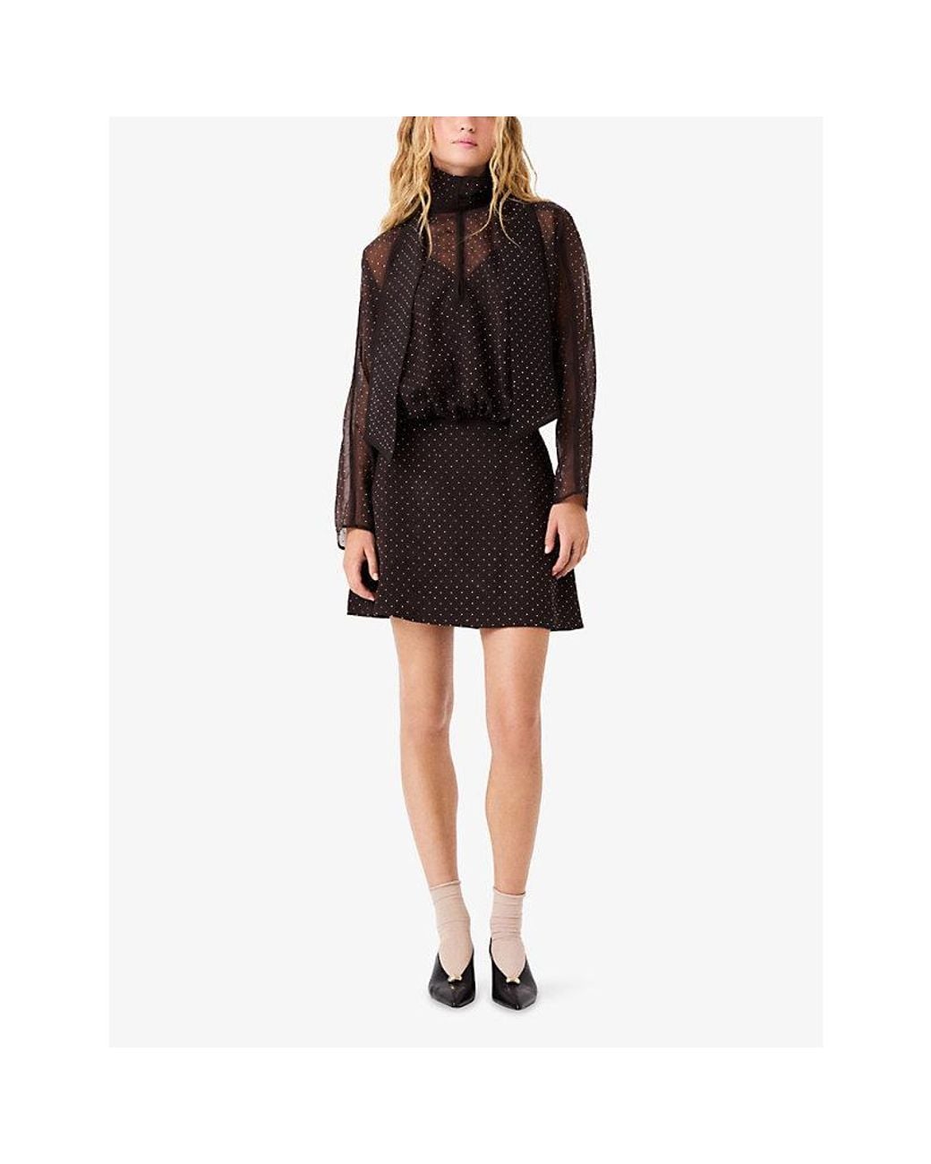 Maje Black Rhinestone Tie-Neck Woven Mini Dress