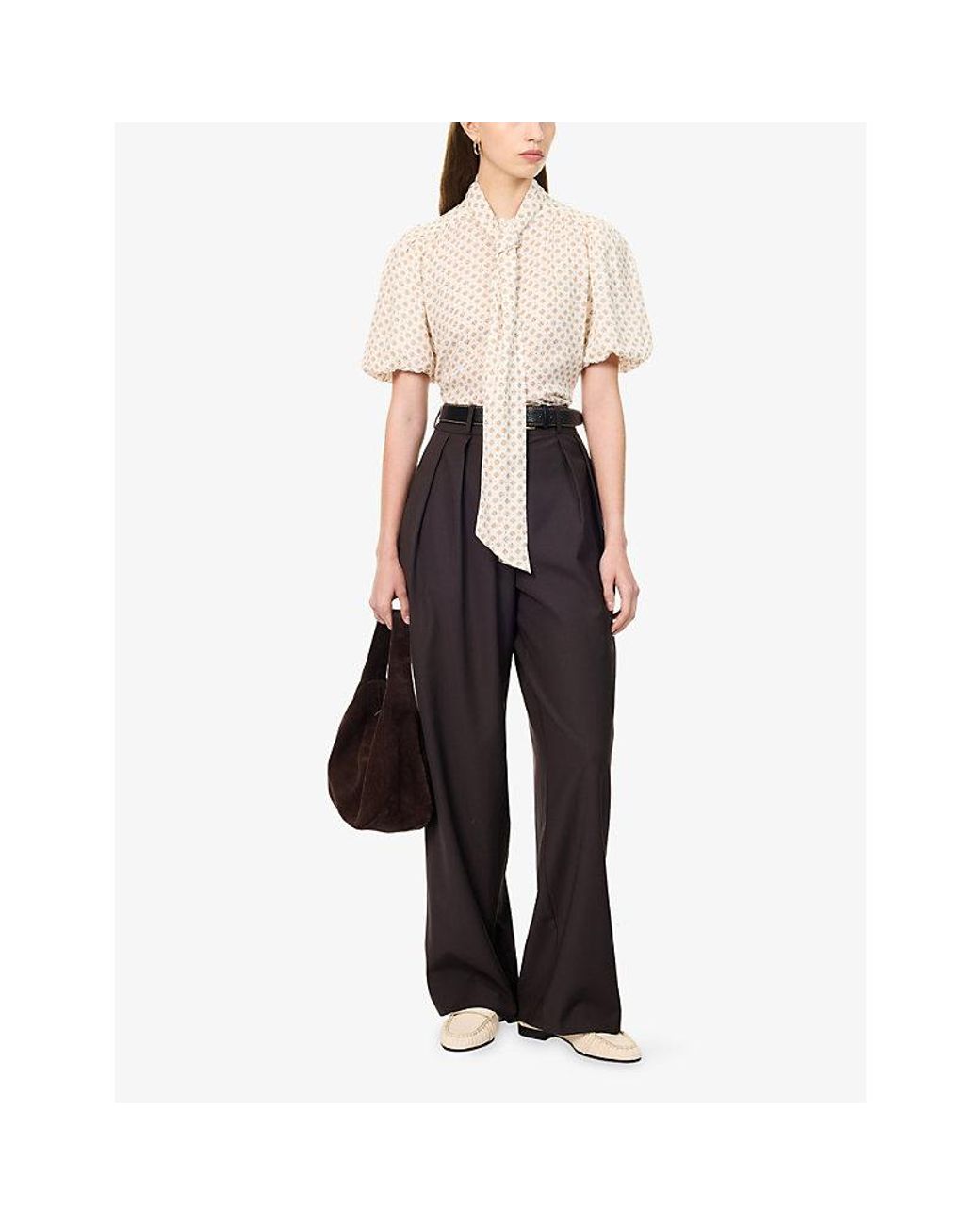 ME+EM Natural Printed Short-Sleeve Woven Blouse