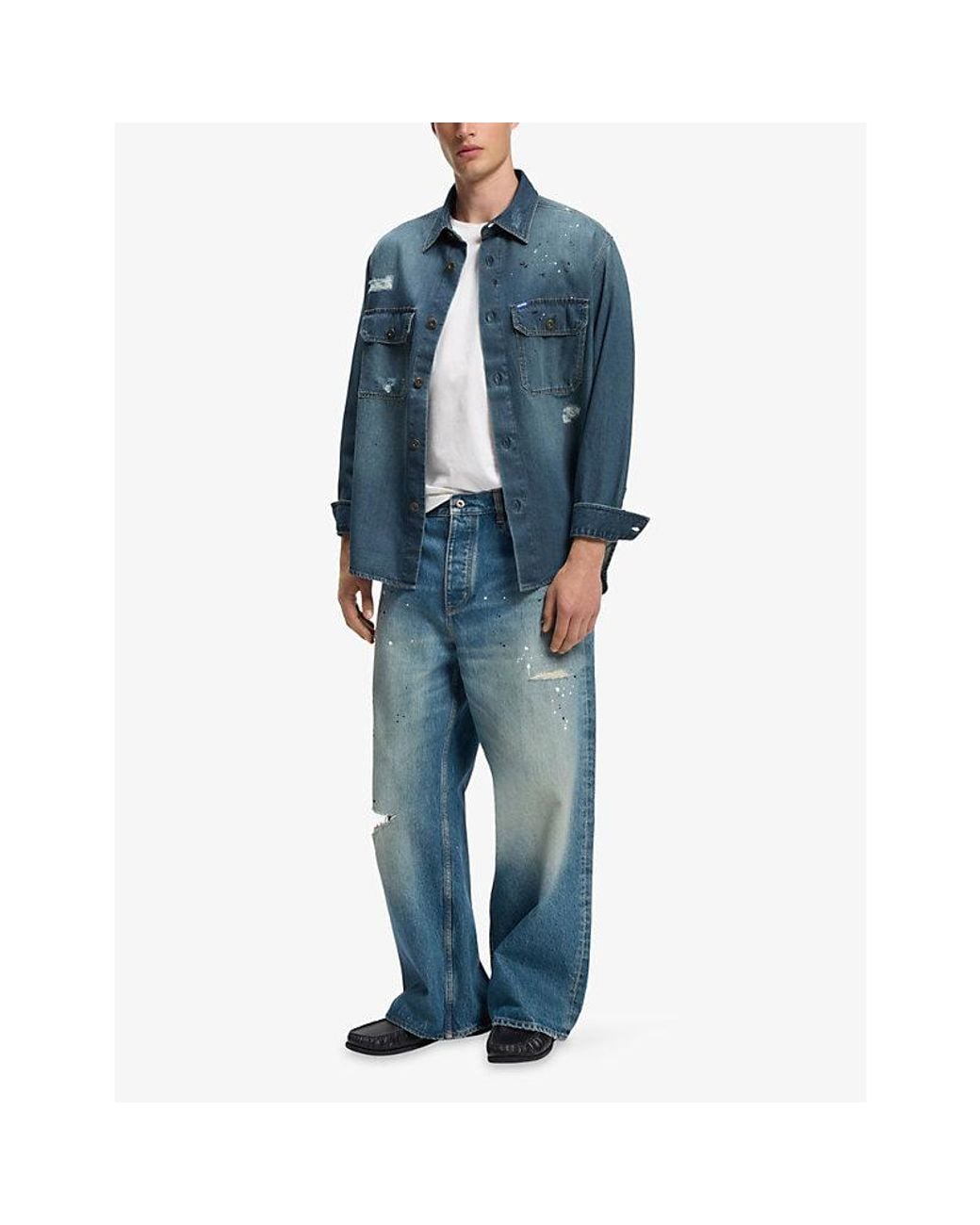HUGO Blue Distressed-Effect Denim Shirt for men