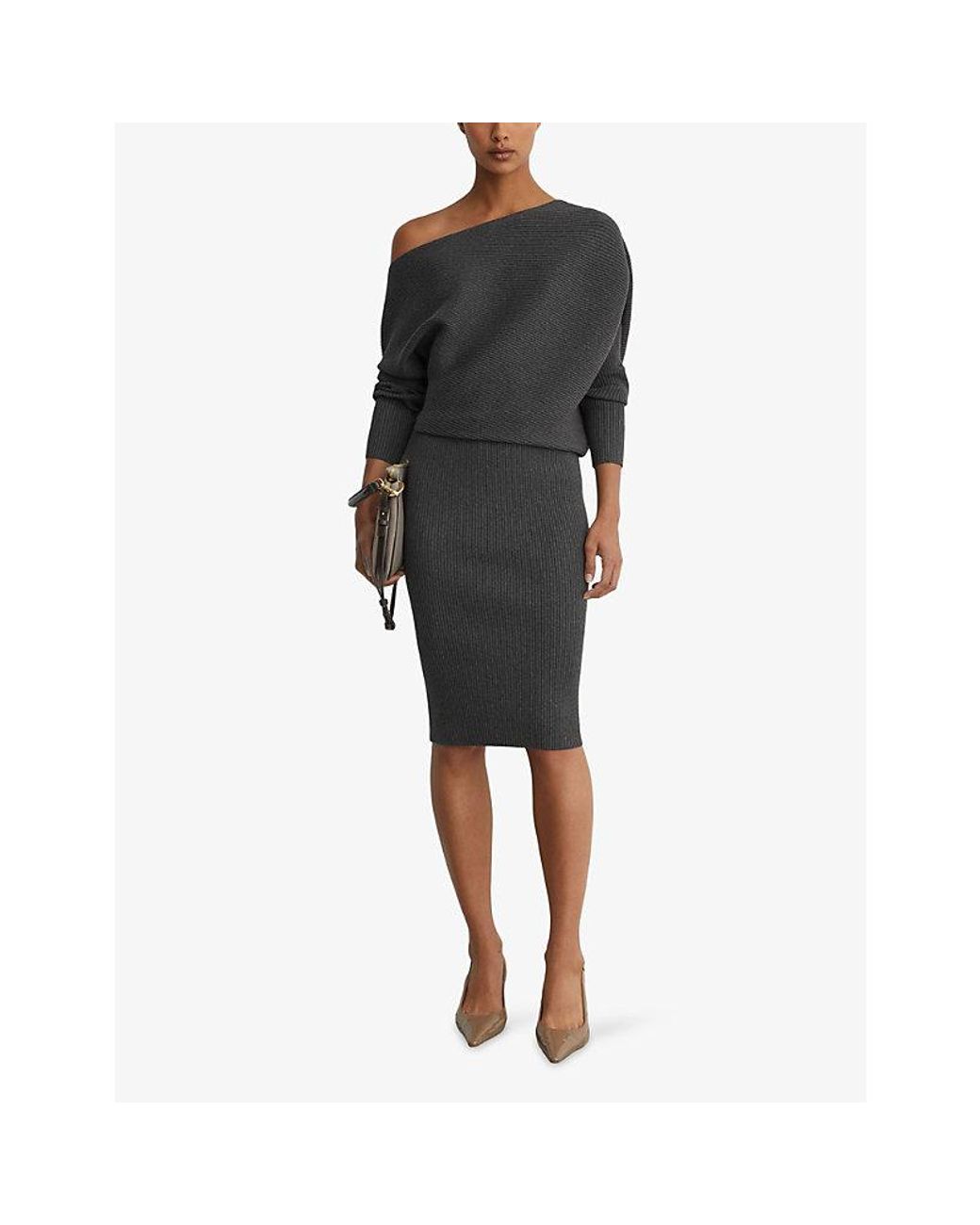 Reiss Black Lara Off-Shoulder Draped Stretch-Knit Midi Dress