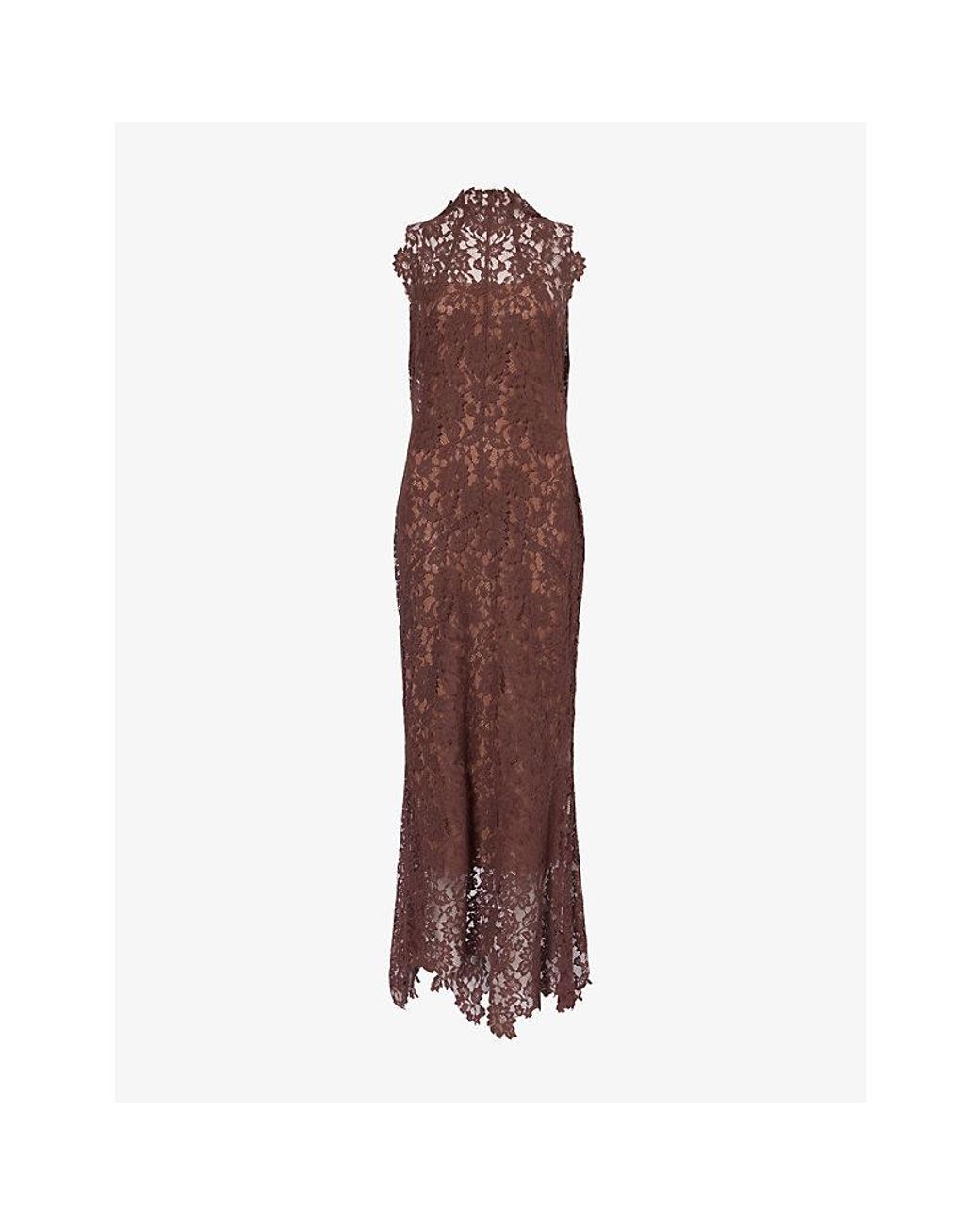 De La Vali Brown Ainhoa Floral-Embroidered Lace Maxi Dress