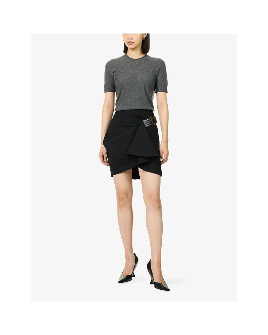 Bottega Veneta Black Intrecciato Belt Drape-Hem Wool Mini Skirt
