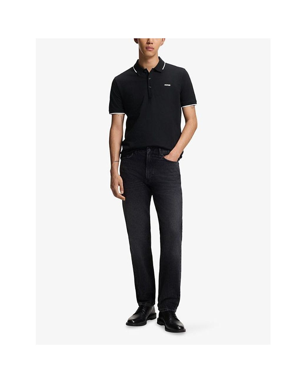 HUGO Black Contrast-Trim Slim-Fit Stretch-Cotton Polo Shirt for men