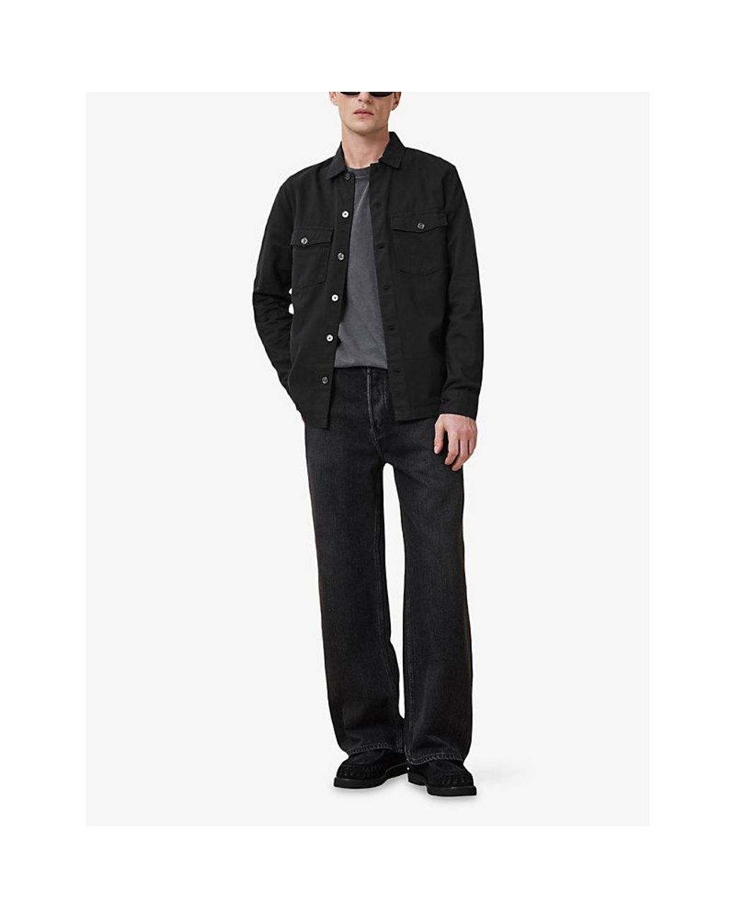 AllSaints Black Spotter Patch-Pocket Slim-Fit Cotton Overshirt for men