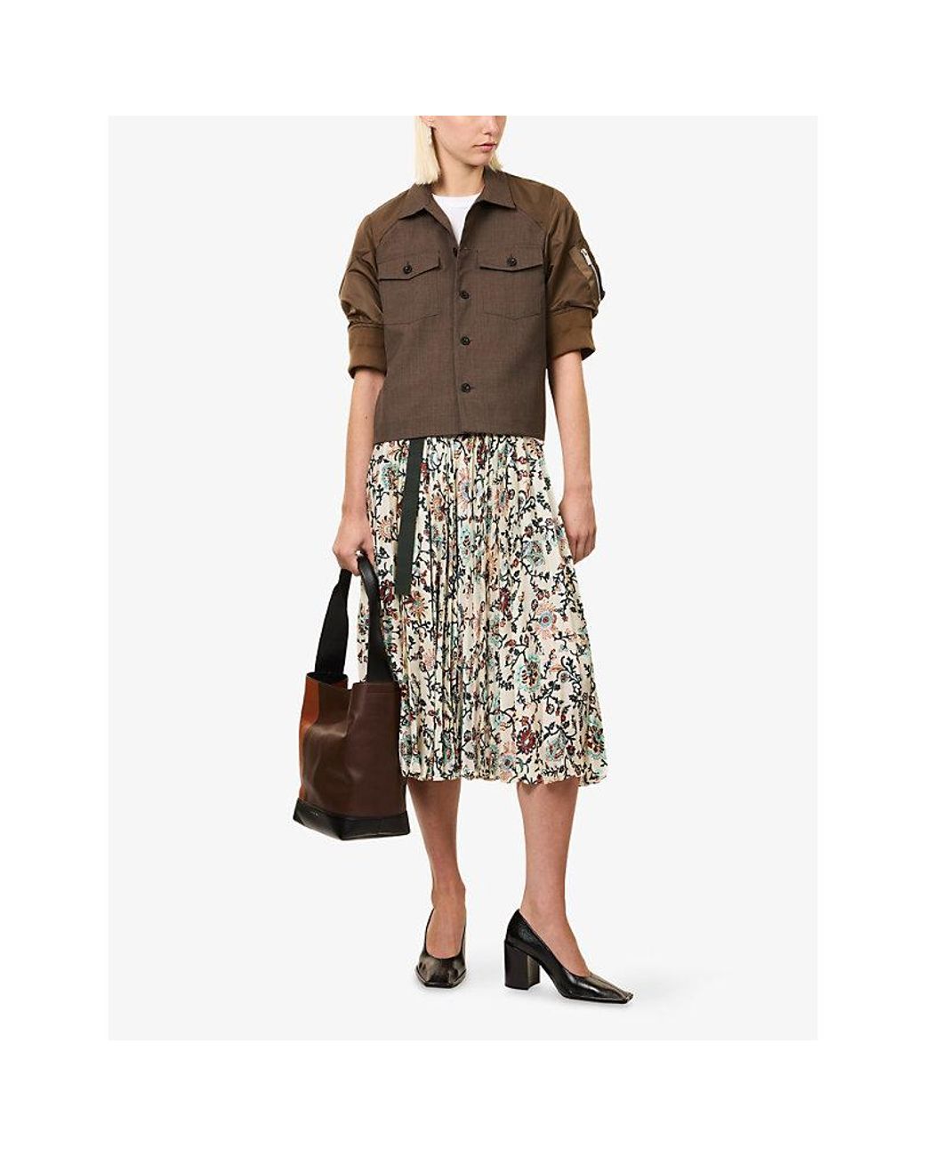 Sacai Brown Suiting Contrasting-Sleeve Wool Shirt