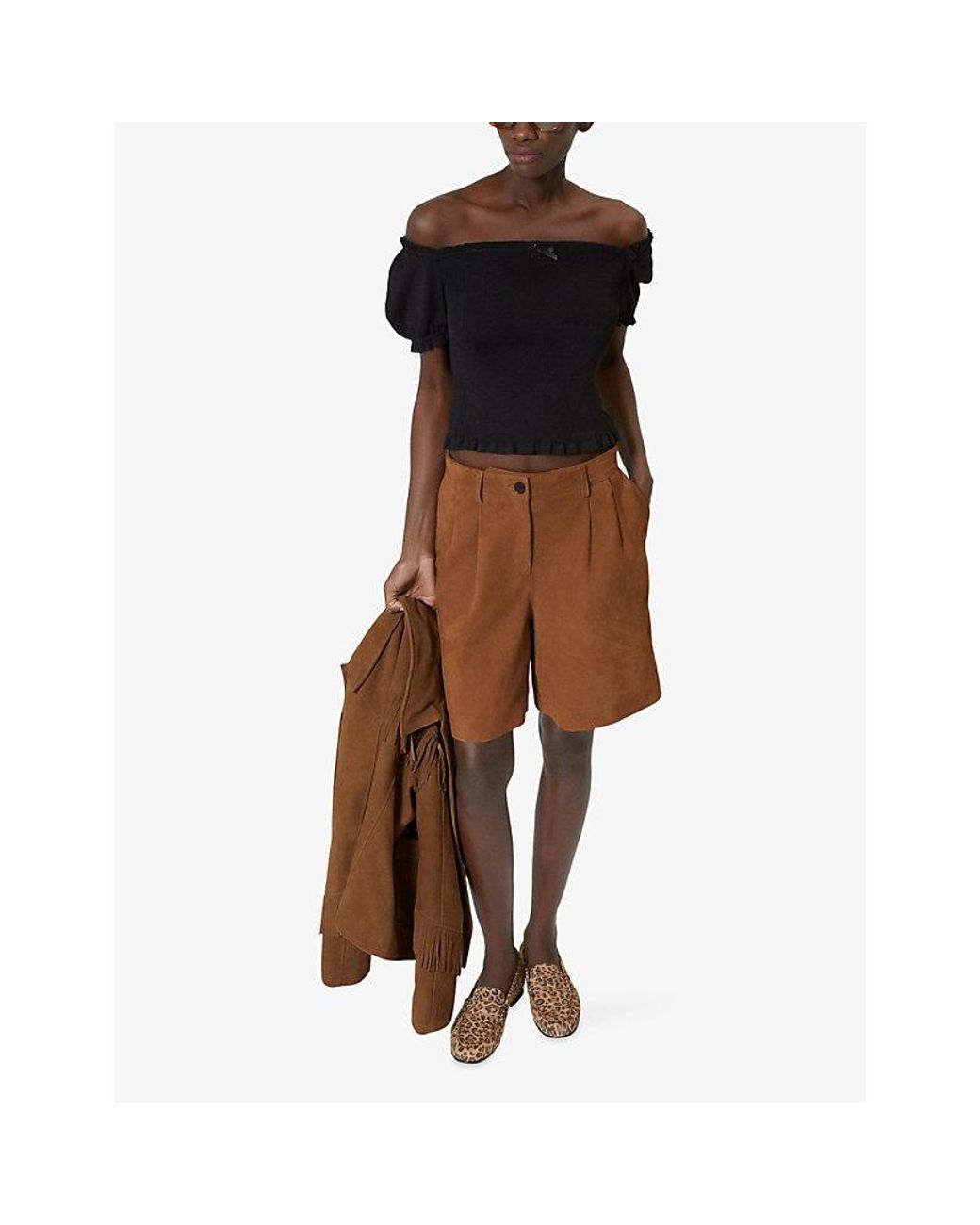 The Kooples Black Bow Off-Shoulder Stretch-Woven Top