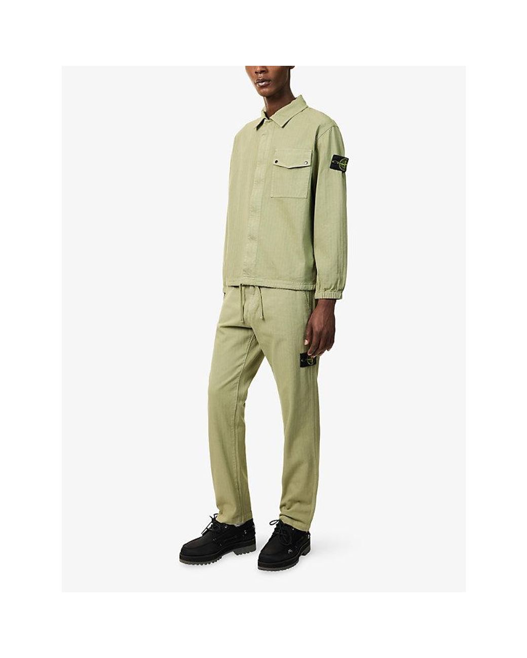 Stone Island Green Compass-Badge Herringbone Cotton Overshirt for men