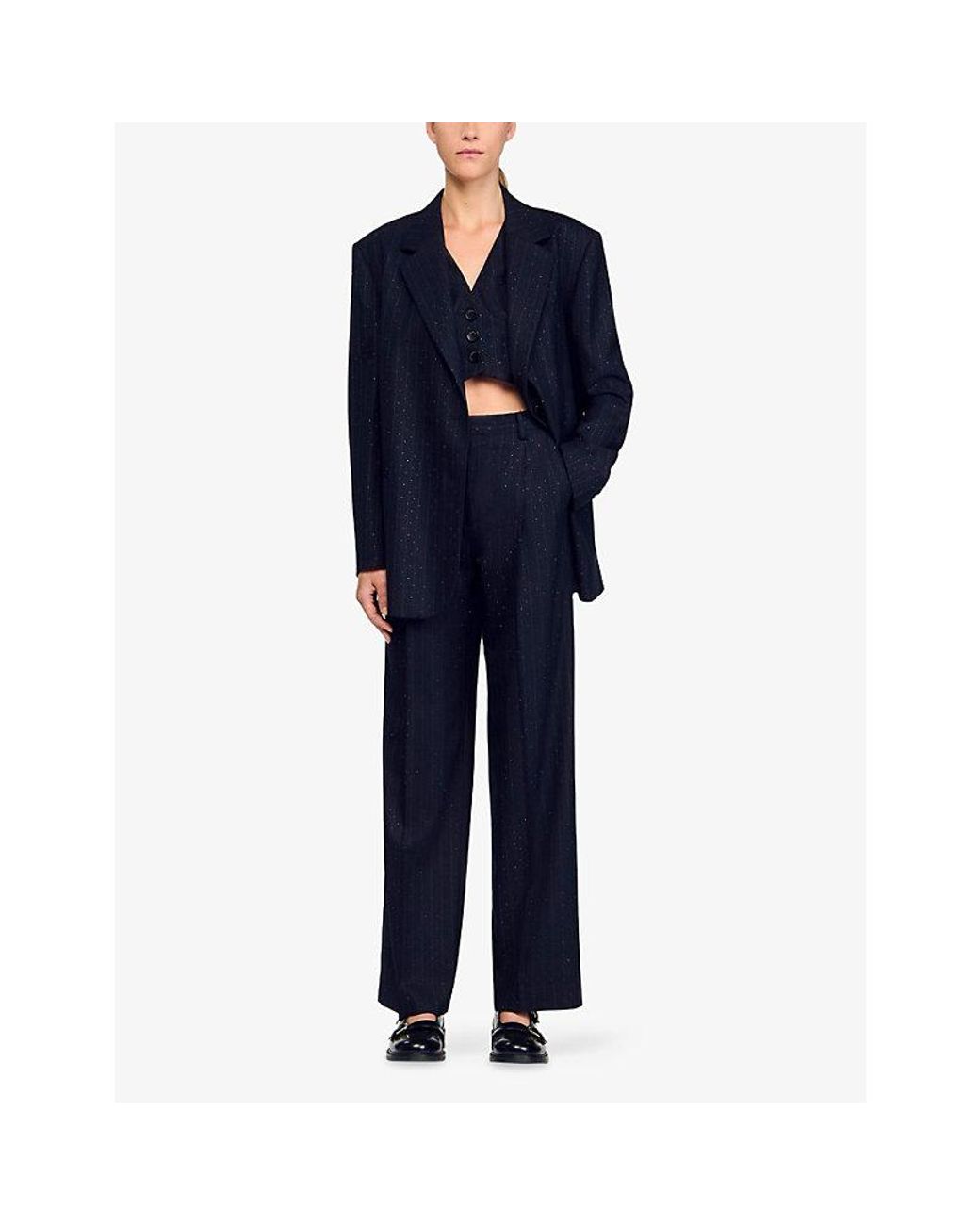 Sandro Blue Rhinestone-Embellished Single-Breasted Stretch-Wool Blazer