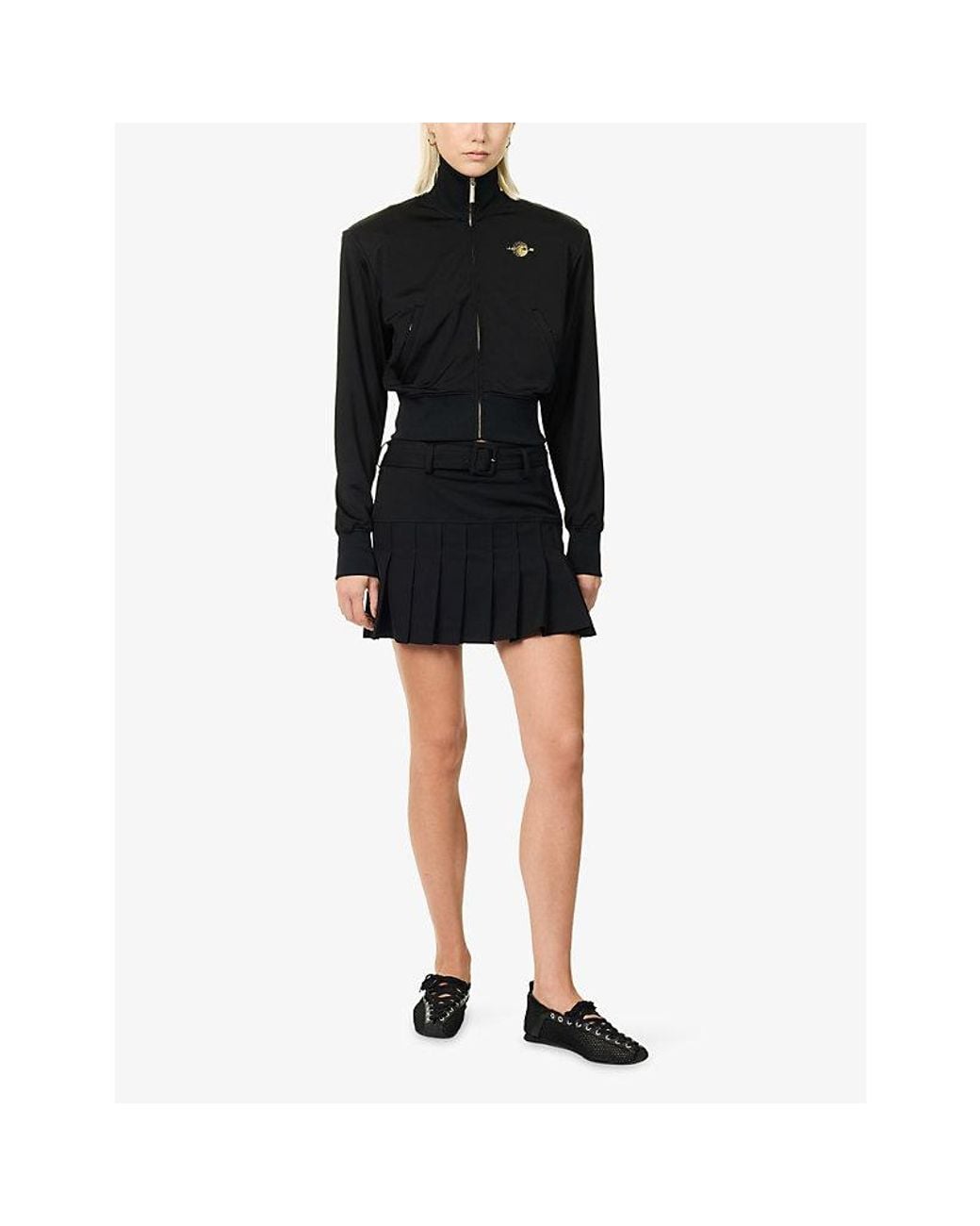 Jay3Lle Black Brand-Embroidered Pleated Crepe Mini Skirt