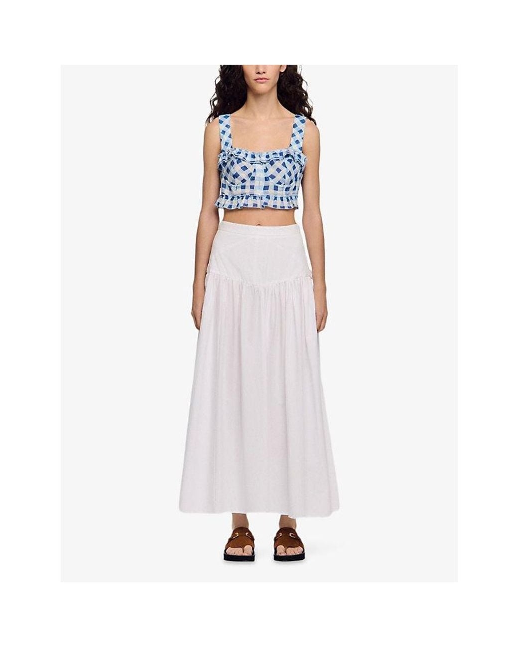 Sandro Blue Checked Cropped Linen-Blend Top