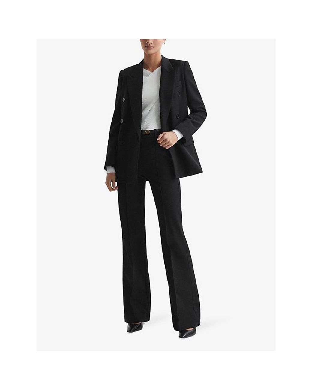 Reiss Black Claude Pinched-Seam Flared-Leg High-Rise Stretch-Woven Trousers