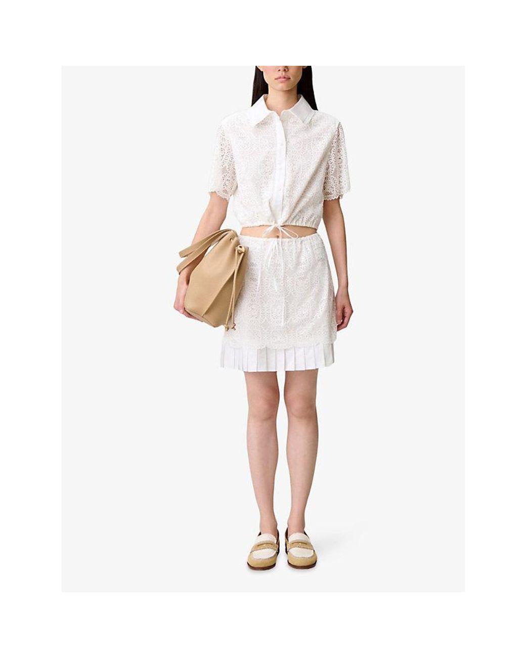Claudie Pierlot White Elasticated-Waist Lace Mini Skirt