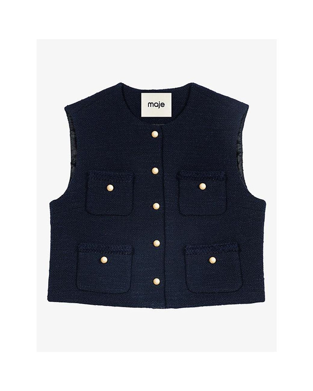 Maje Blue Four-Pocket Sleeveless Tweed Jacket