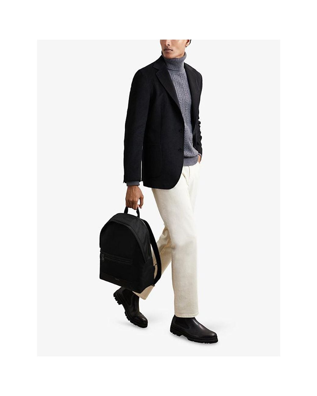 Reiss Black Allen Front-Pocket Woven Backpack for men