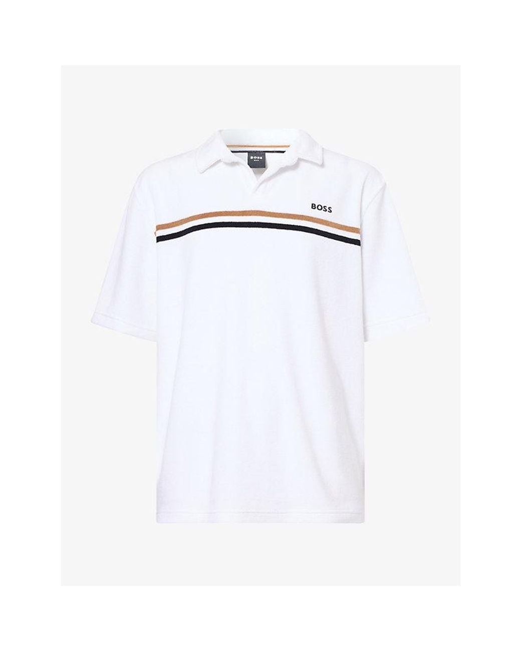 Boss White Iconic Logo-Embroidered Terry-Cotton Polo for men