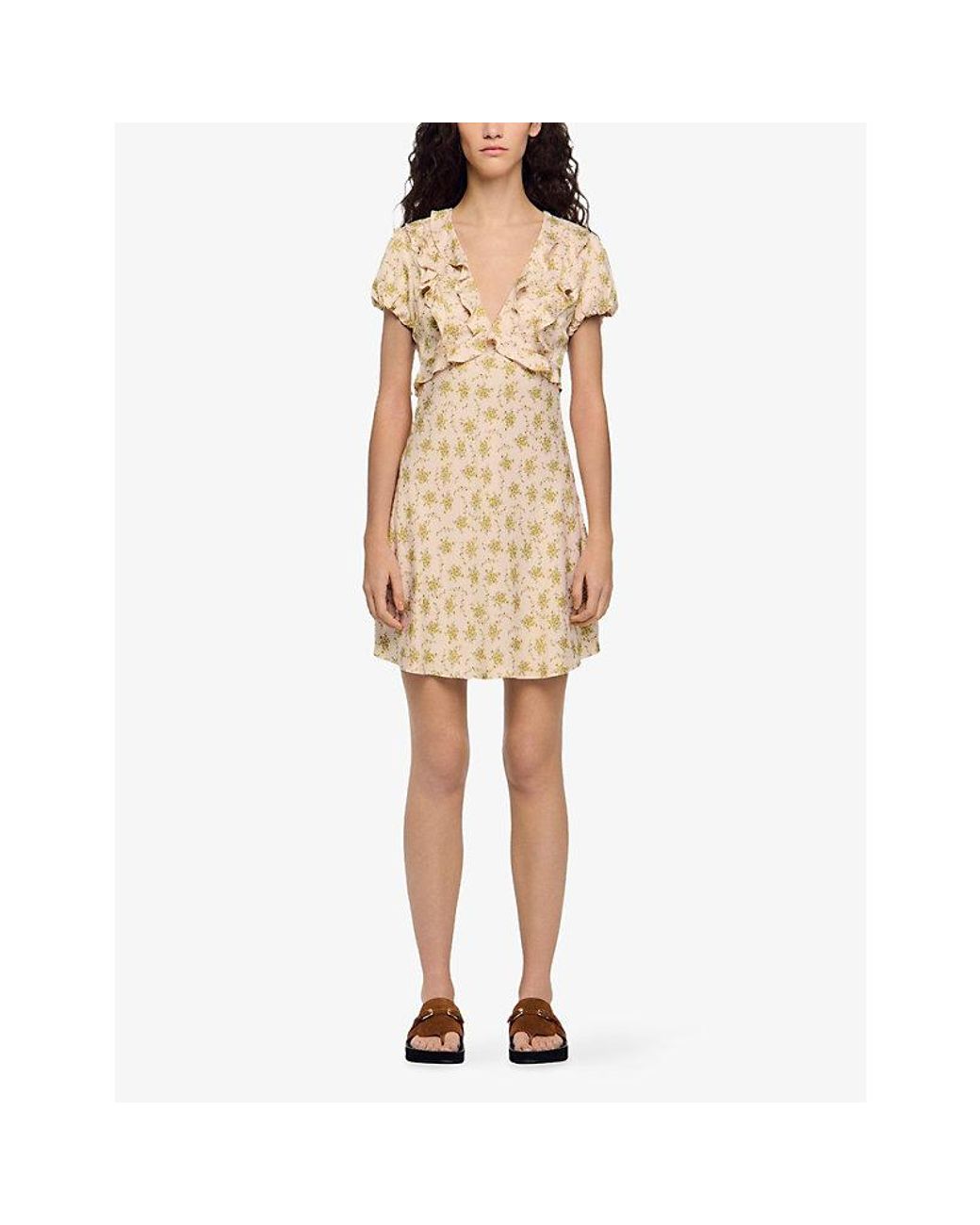 Sandro Natural Floral-Print V-Neck Woven Mini Dress