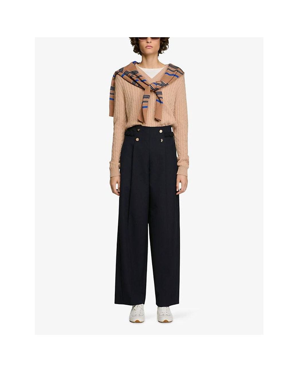 Sandro Blue Buttoned Wide-Leg Wool-Blend Trousers