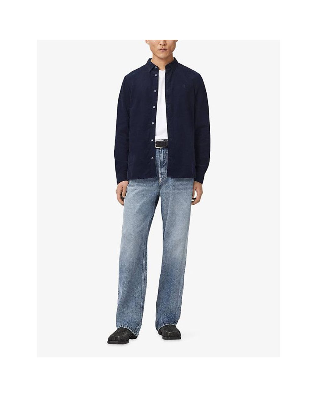 AllSaints Blue Birchwood Ramskull-Embroidered Slim-Fit Cotton Shirt for men