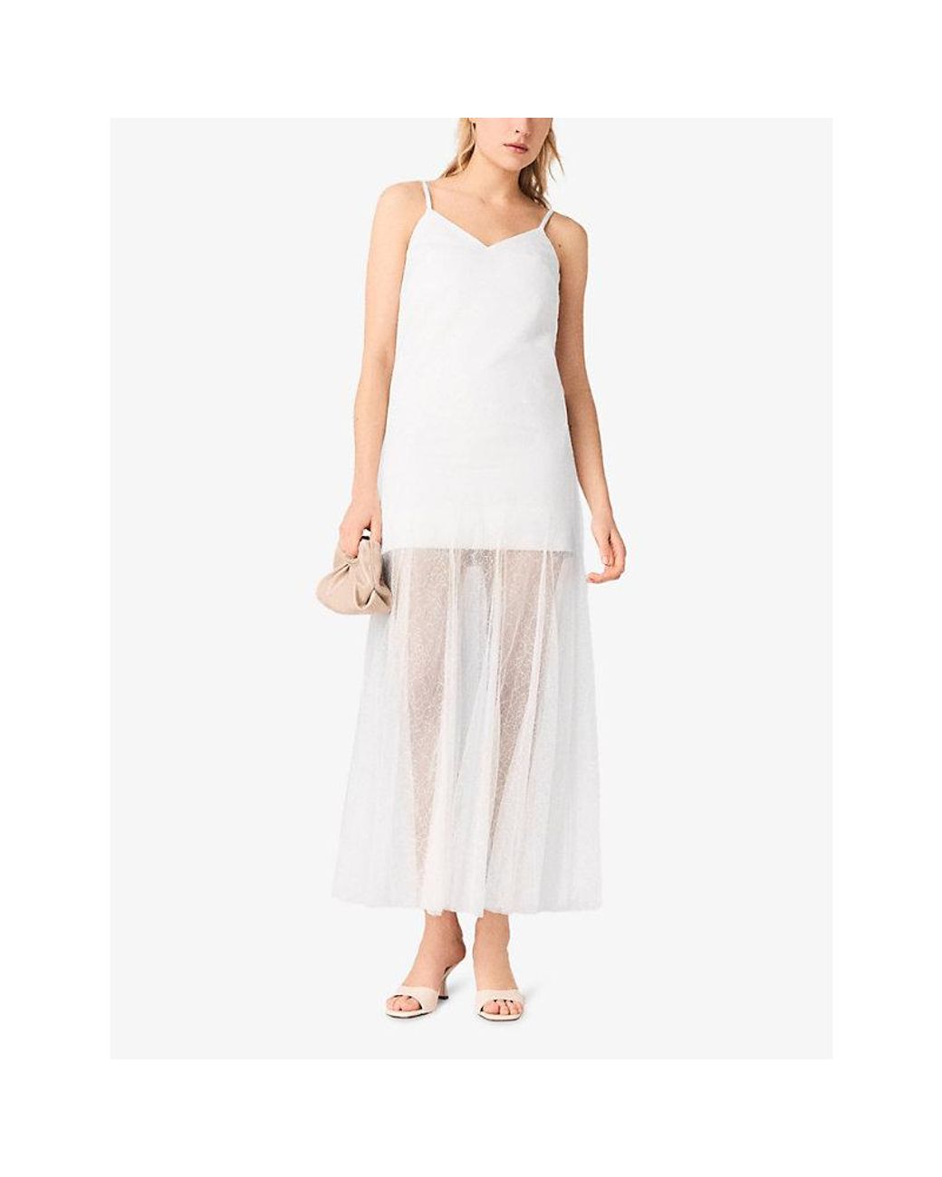 Maje White V-Neck Taffeta-Overlay Woven Maxi Dress