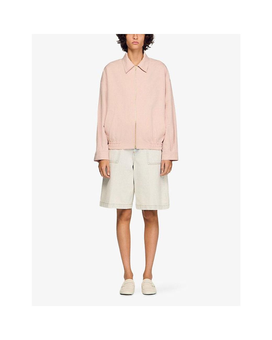 Sandro Pink Collared Relaxed-Fit Cotton And Linen-Blend Jacket