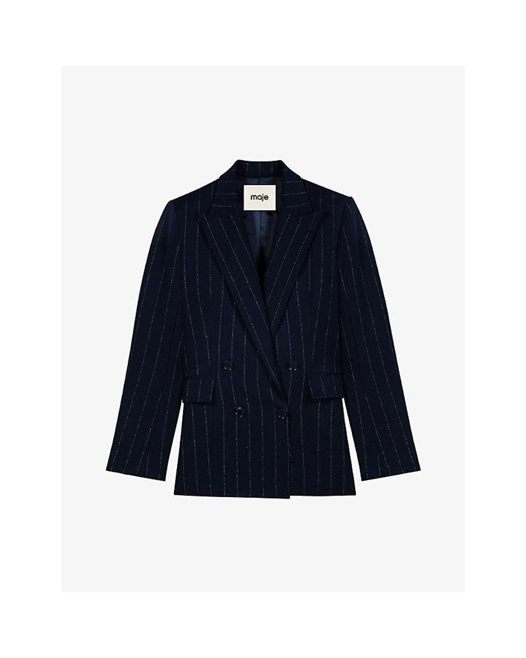 Maje Blue Pinstriped Double-Breasted Woven Blazer