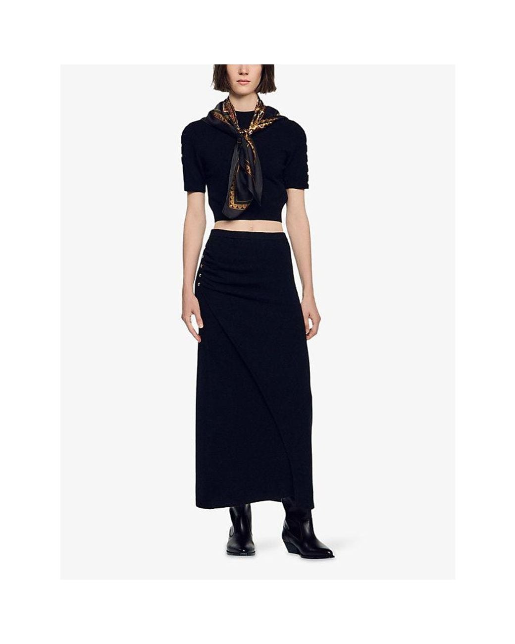 Sandro Black Gathered Pressed-Stud Wool And Cashmere-Blend Midi Skirt