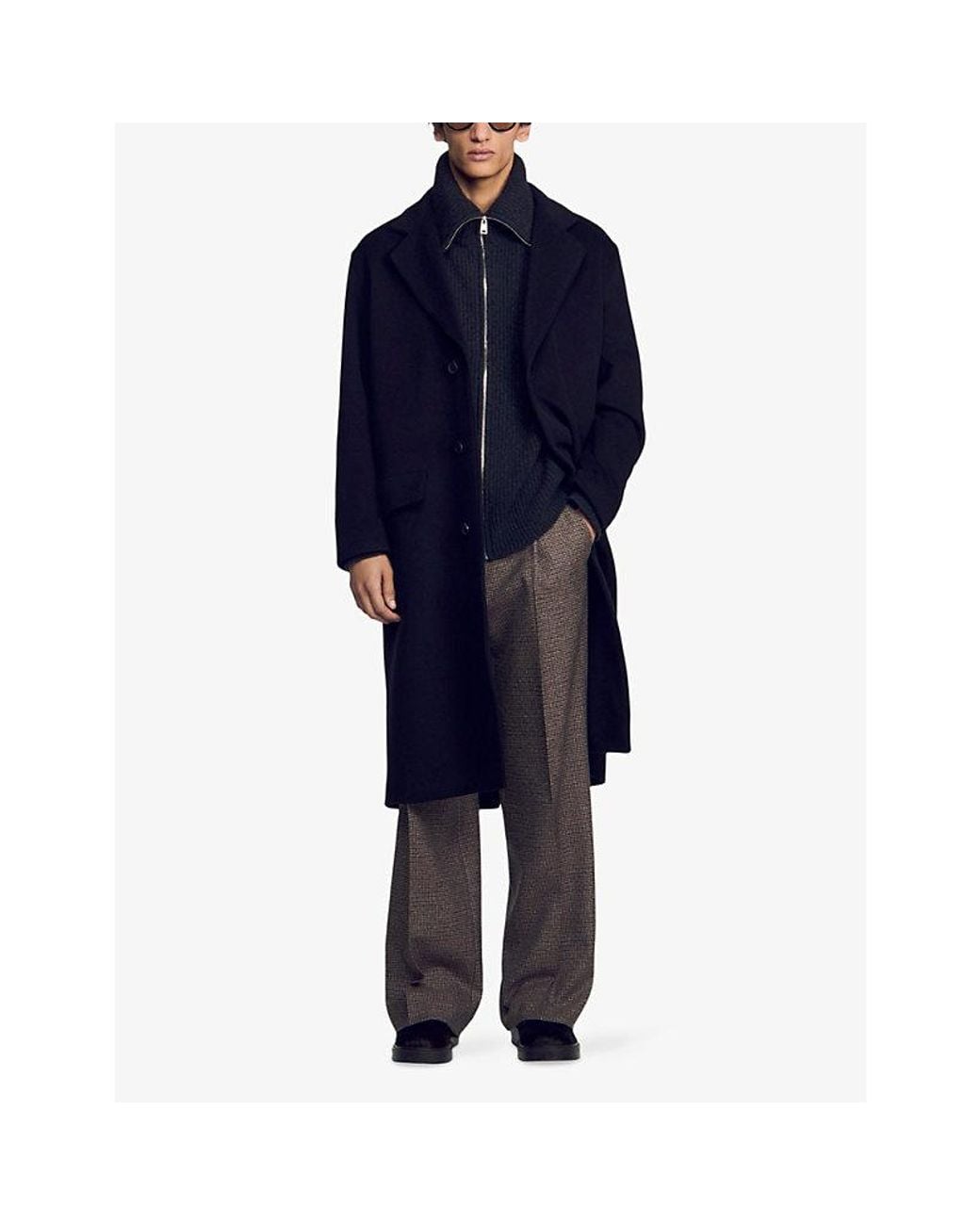 Sandro Black Long Button-Down Wool And Cashmere Coat for men