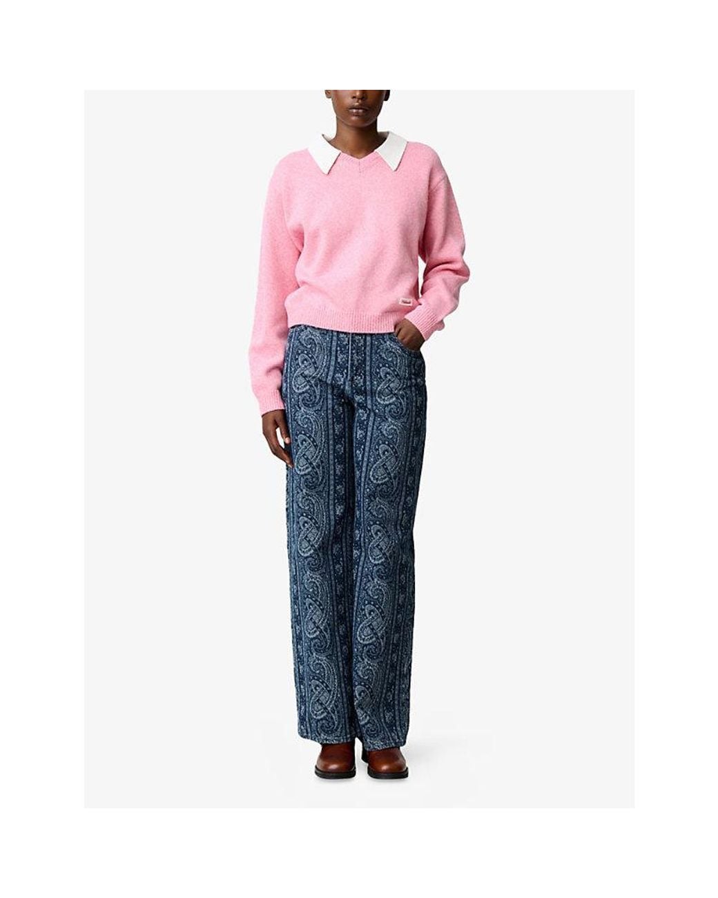 Claudie Pierlot Pink Detachable-Collar Relaxed-Fit Wool Jumper