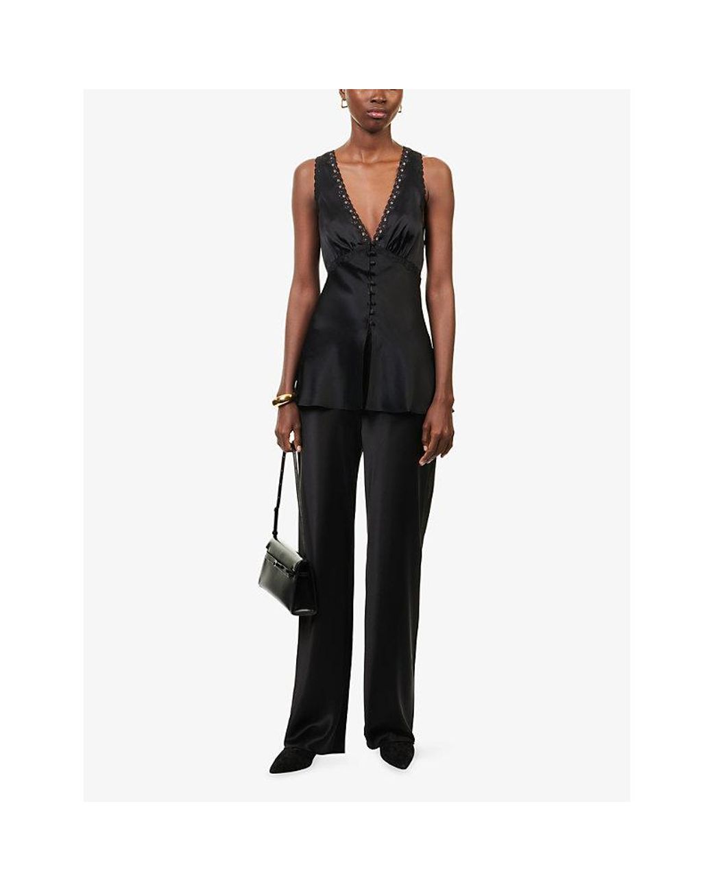 Reformation Black Gale Mid-Rise Bias Satin Trousers