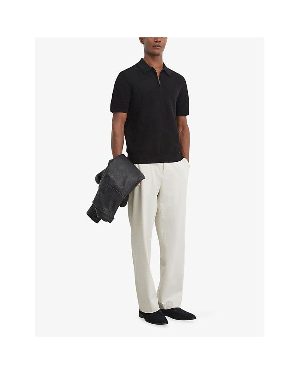 Reiss Black Leigham Short-Sleeved Cotton-Blend Polo Shirt for men