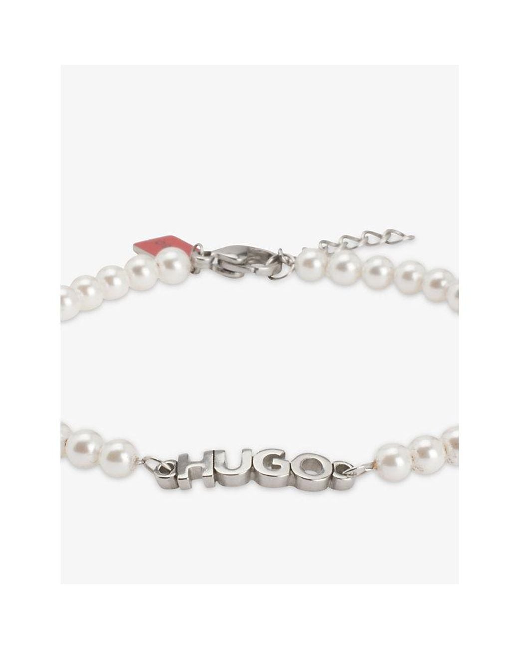 HUGO White Logo-Plaque Stainless-Steel And Pearl Bracelet