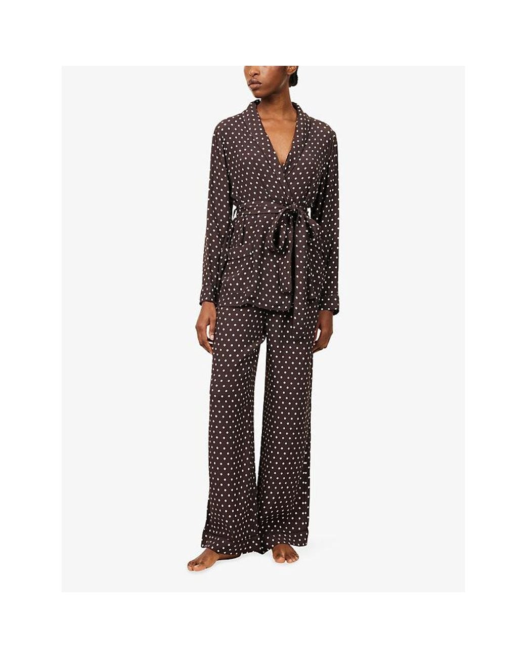 It's 9pm Brown Rizzo Polka-Dot Smoking Woven Pyjama Set
