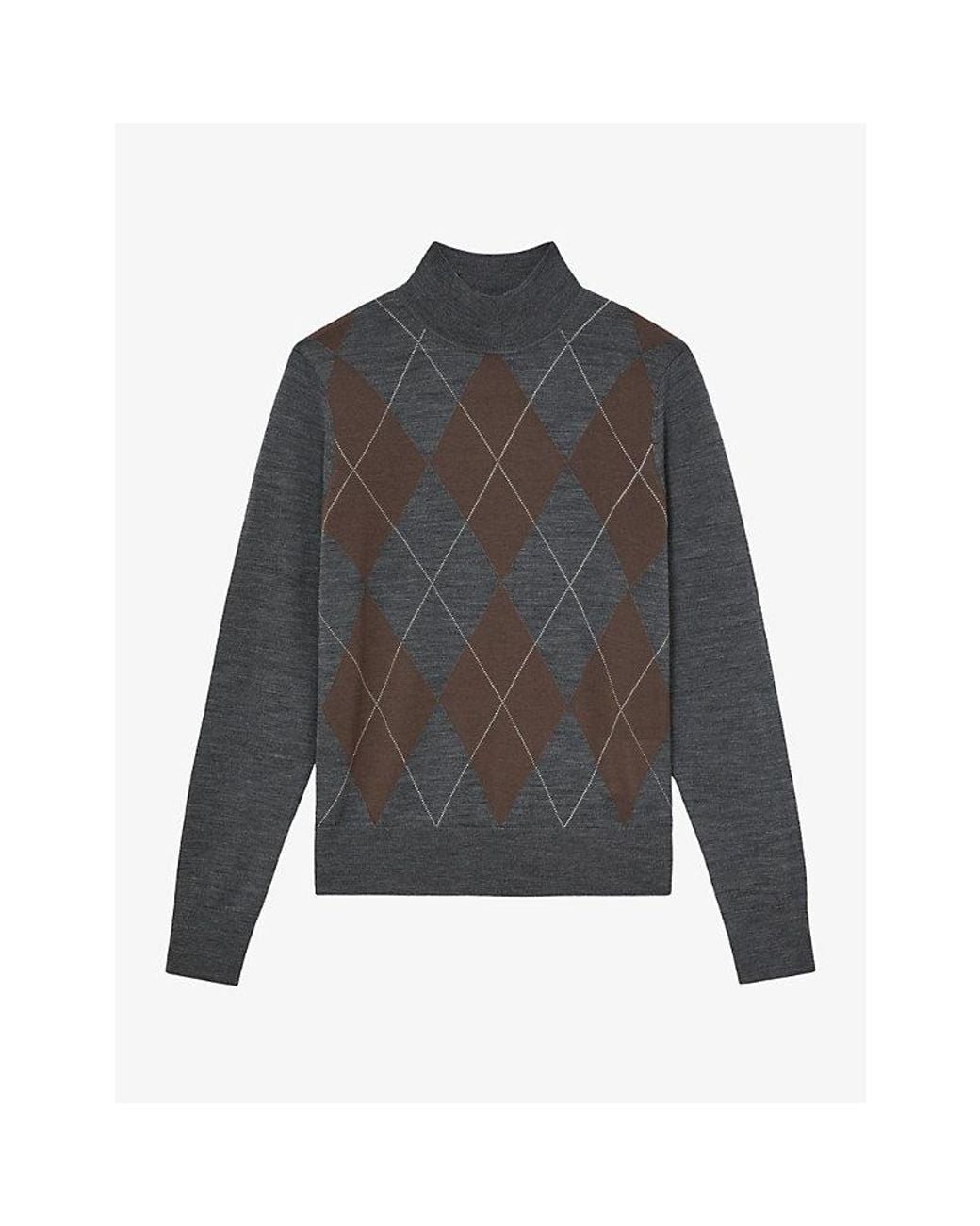 Reiss Gray Sage Argyle Funnel-Neck Wool Jumper