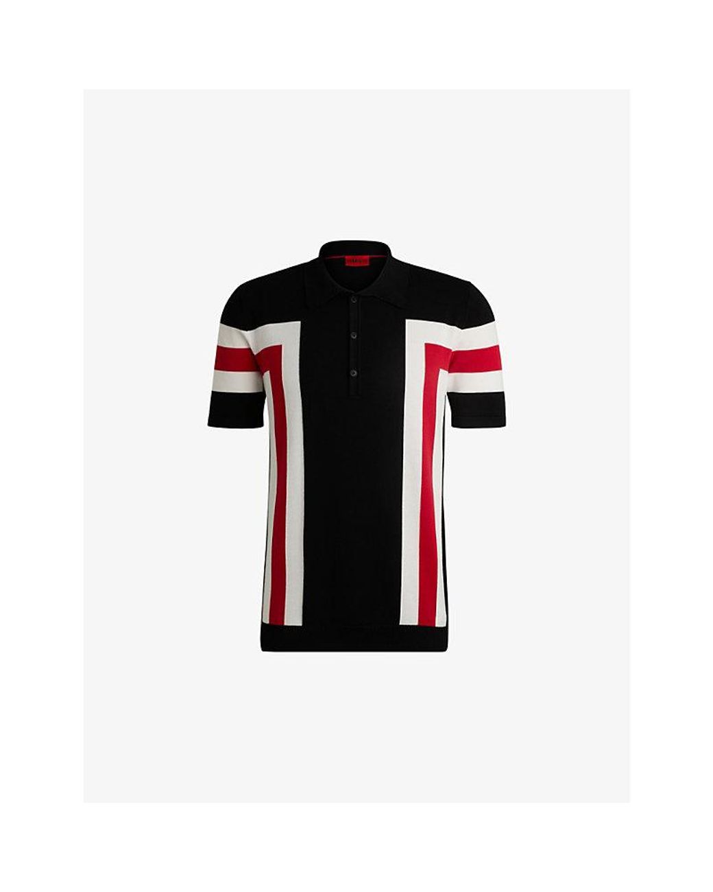HUGO Black Button-Neck Short-Sleeve Stripe Cotton Polo for men