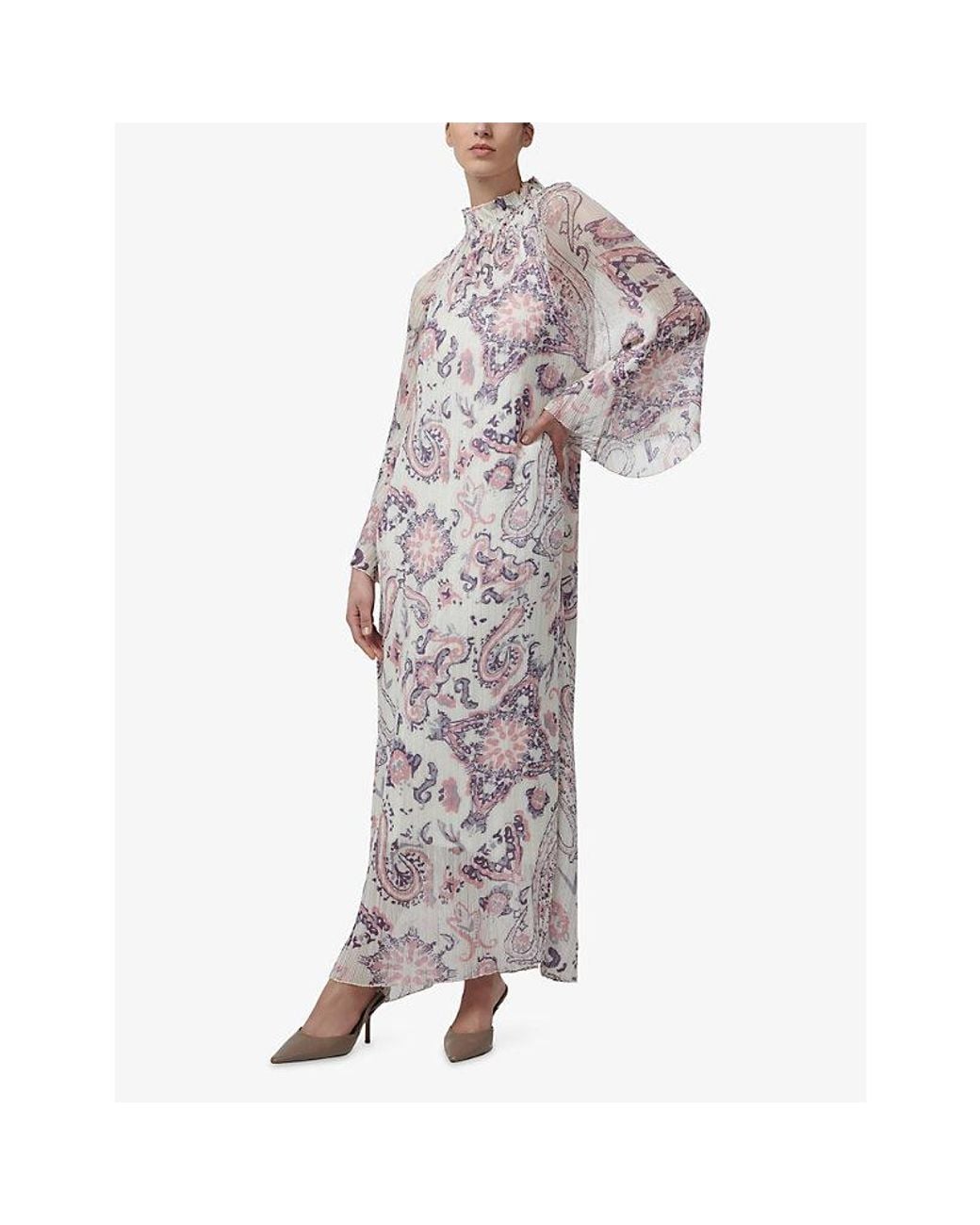 eem Gray Shirred Neck Printed Woven Maxi Dress